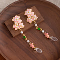 Pink Flower Green Bead Clear Teardrop Long Earrings view 3