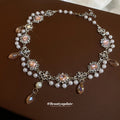 Pink White Floral Pearl Fringe Statement Necklace For Women view 4