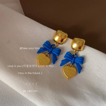 Gold Square Stud Blue Bow Heart Charm Drop Earrings Pair