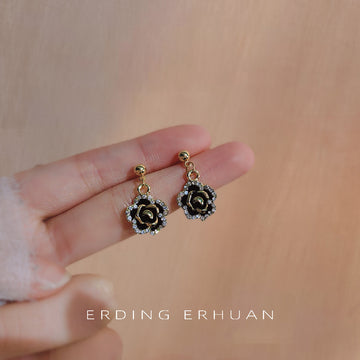 Gold Ball Post Black Enamel Camellia Drop Stud Earrings