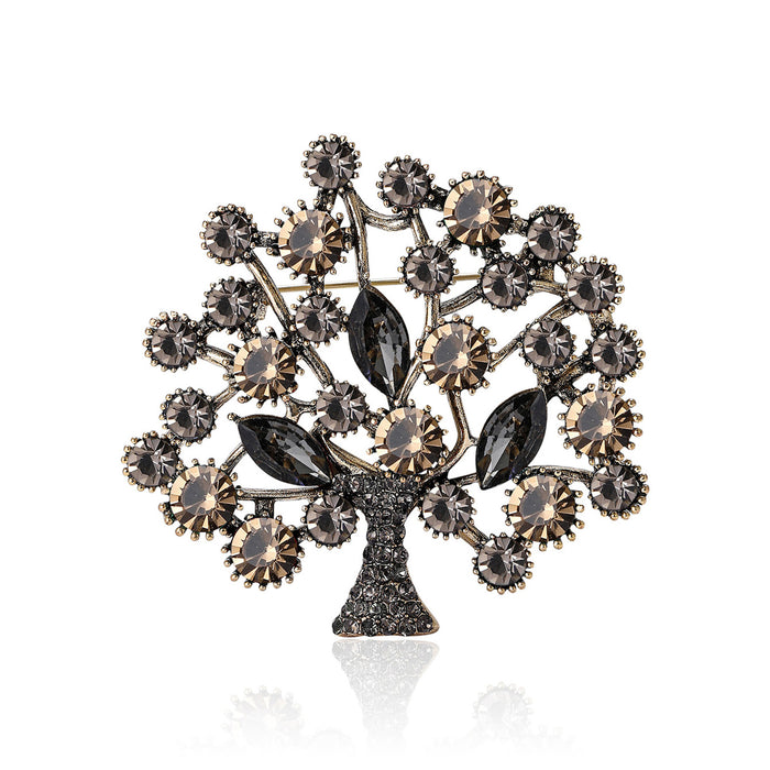 Antique Gold Rhinestone Money Tree Brooch Multicolor Coffee