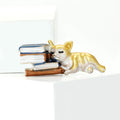 Cat Resting on Books Enamel Brooch in Yellow and Gray view 4