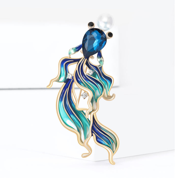Enamel Goldfish Brooch Crystal Body Pearl Accent Pin