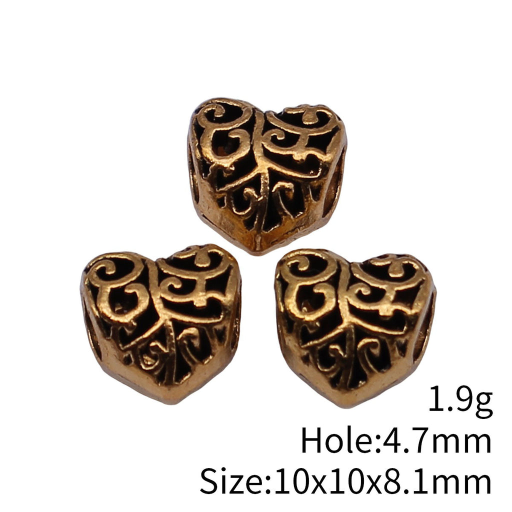 10x10x8.1mm 1.9g Antique Gold Zinc Alloy Openwork Carved Heart Large Hole Hollow Beads for DIY Bracelets