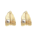 Gold Textured Leaf White Pearl Accent Stud Earrings view 5