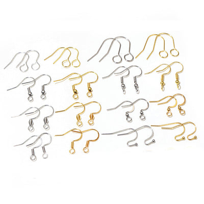 Front overview of ball detail fishhook earring wires in three metal tones arranged on a light background