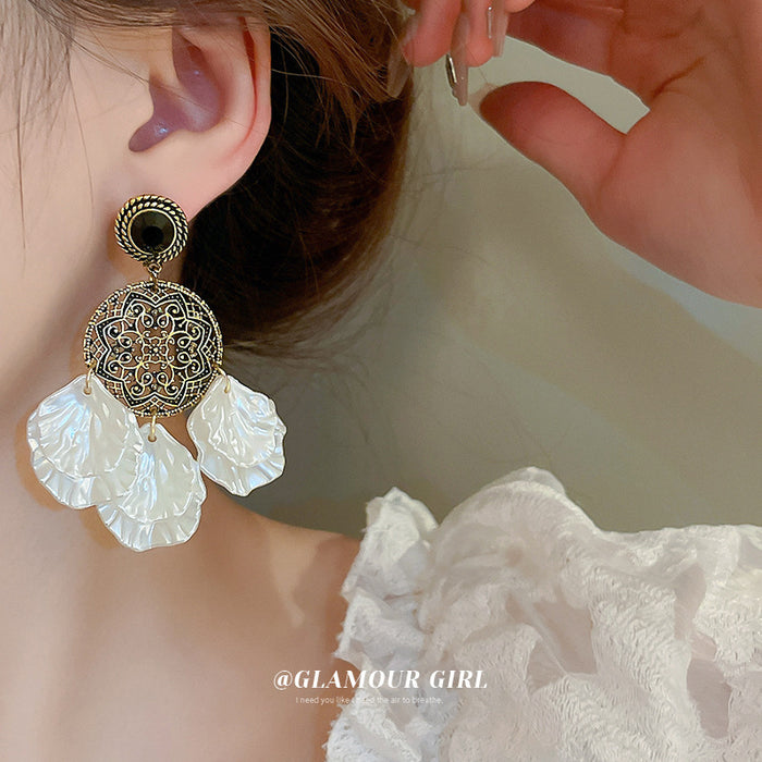 White Shell Floral and Pearl Drop Earrings Fashion Jewelry