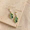 Green Enamel Leaf Pearl Hook Drop Earrings Gold Tone view 4