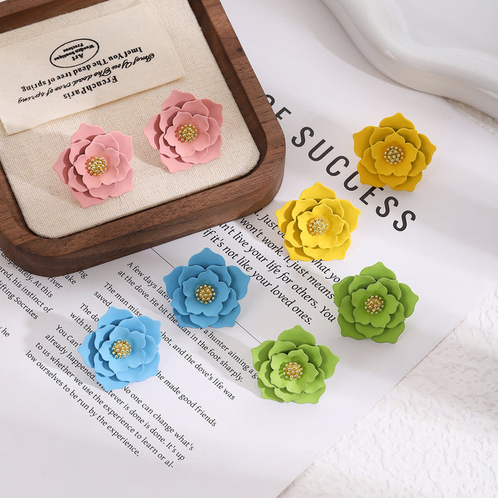 Four Color Layered Petal Flower Statement Stud Earrings