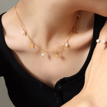 Gold Star Moon And Pearl Charm Necklace Delicate Link Chain