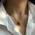 Gold Tone Brown Round Stone Pendant Chain Necklace view 4