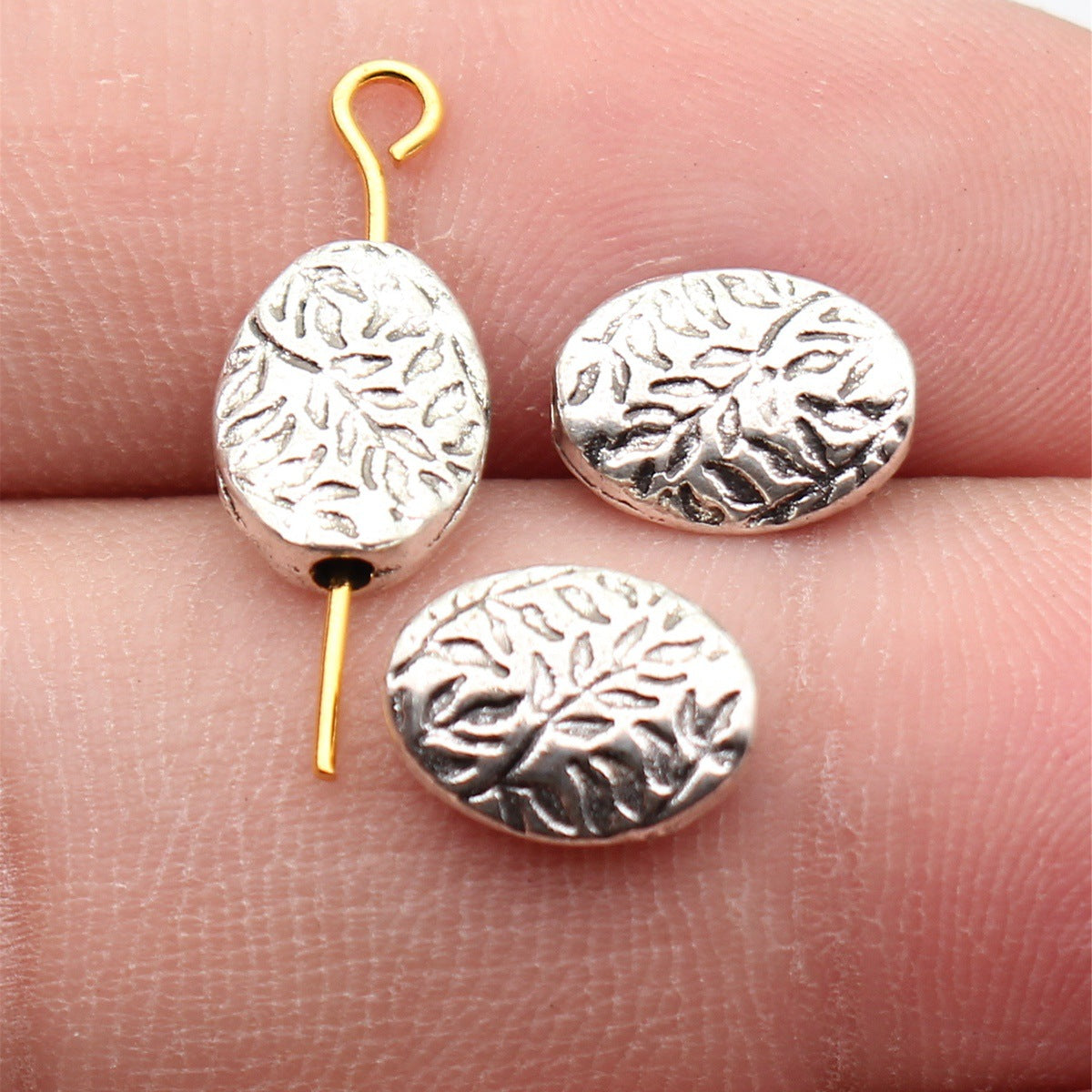 10x8x3mm 0.78g Antique Silver Zinc Alloy Branch Texture Oval Flat Spacer Beads for Bracelet Making