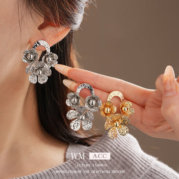 Textured Five Petal Flower Stud Earrings in Two Metal Tones