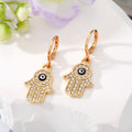 Gold and Silver Tone Pavé Crystal Hamsa Evil Eye Huggie Earrings view 6