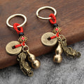 Brass Gourd Pixiu Keychain with Red Cord and Cinnabar Accent