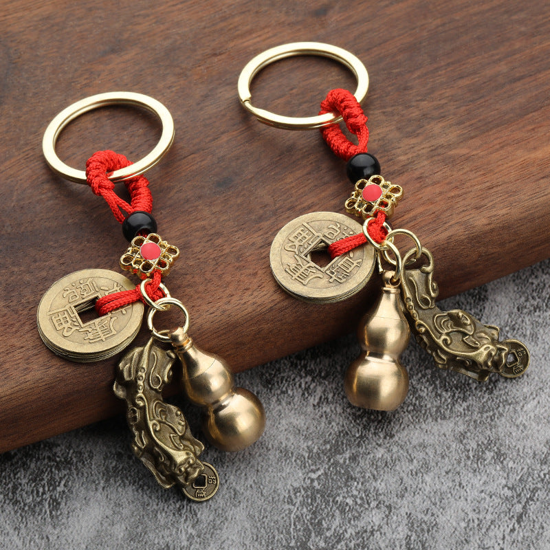 Brass Gourd Pixiu Keychain with Red Cord and Cinnabar Accent