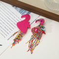 Beaded Rhinestone Flamingo Dangle Earrings With Fringe Legs view 4