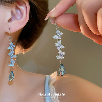 Blue Butterfly Cascade Hook Earrings With Teardrops