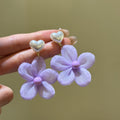 Purple Fabric Flower Drop Earrings With Pearl Heart Tops view 3