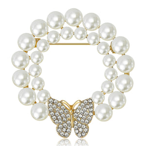 Pearl Wreath Brooch with Crystal Butterfly in Two Tones