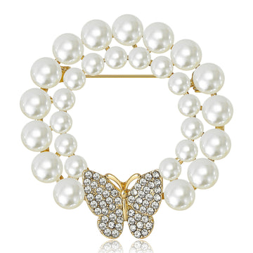 Pearl Wreath Brooch with Crystal Butterfly in Two Tones
