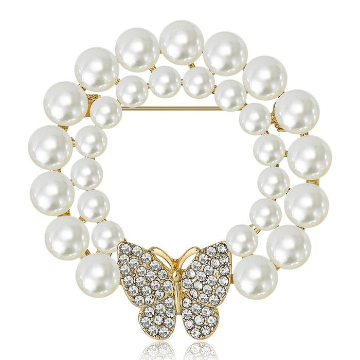 Pearl Wreath Brooch with Crystal Butterfly in Two Tones