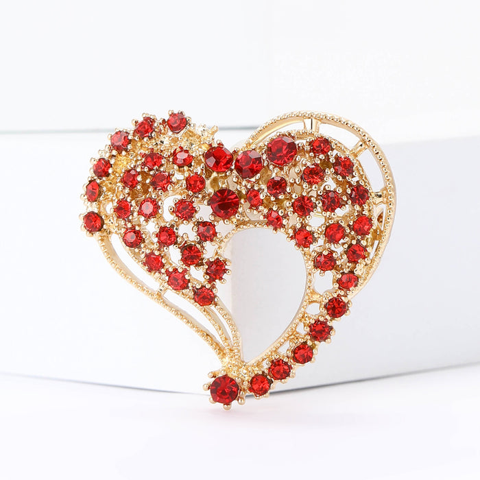 Interlocking Double Heart Crystal Brooch in Red And Gold