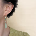 Gold Green Jade Pearl Long Drop Earrings Pair Jewelry view 2