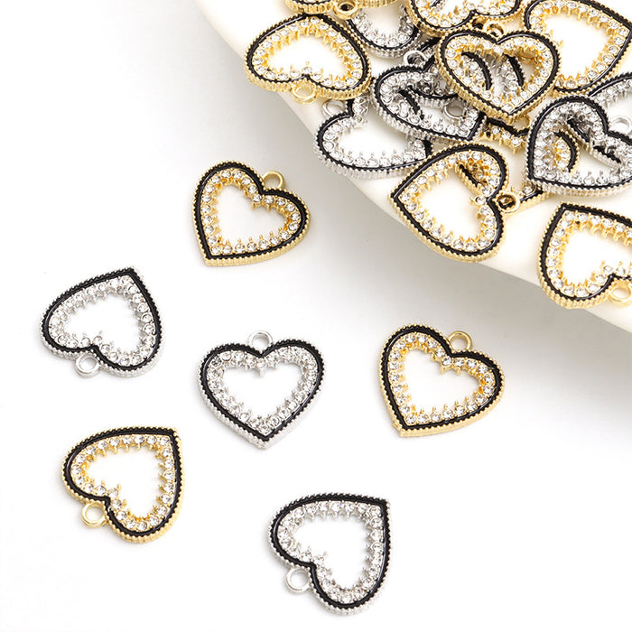 Black Edge Rhinestone Open Heart Pendant Charms in Two Finishes