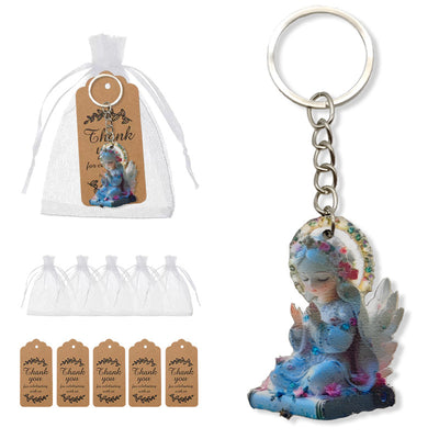 Blue flower halo angel wood keychain with bags and kraft tags
