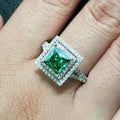 Silver Tone Green Square Crystal Double Halo Ring Polished Metal Jewelry view 2