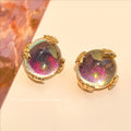 Gold Tone Purple Green Iridescent Round Stone Stud Earrings view 3