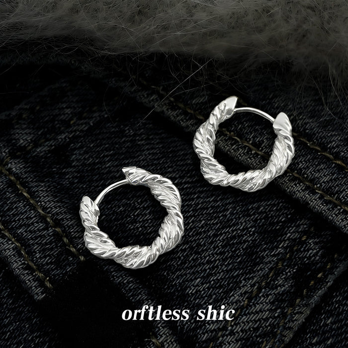 Silver Tone Textured Leaf Wreath Round Hoop Earrings