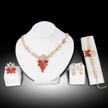 Black Silver Tone Red Floral Four Piece Six Designs Metal Necklace
