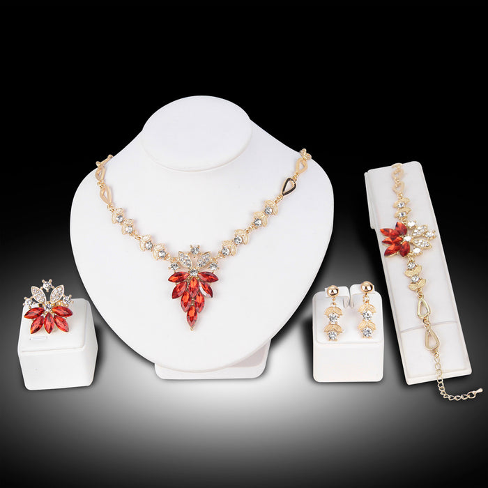 Black Silver Tone Red Floral Four Piece Six Designs Metal Necklace