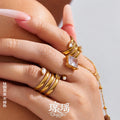 Gold Multi Band Teardrop Crystal And Square Pearl Open Rings view 1