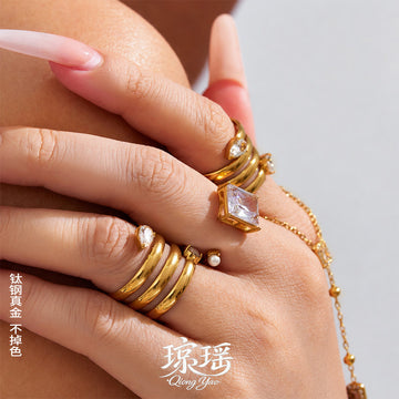 Gold Multi Band Teardrop Crystal And Square Pearl Open Rings