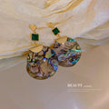 Green Square Stone Shell Pattern Disc Statement Earrings view 3