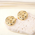 Gold Tone Sculpted Face Relief Round Stud Earrings view 2
