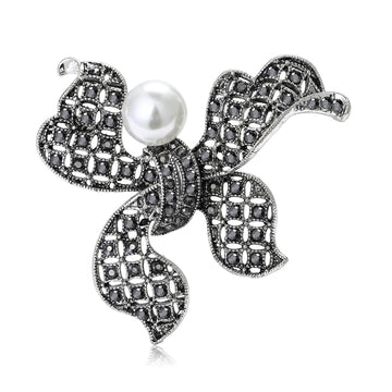 Openwork Crystal Bow Brooch Pearl Center Black Multicolor