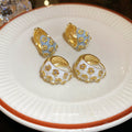 Enamel Floral Crystal C Hoop Earrings in White and Blue view 2