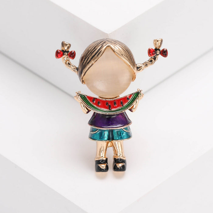 Cat Eye Girl Watermelon Brooch Enamel Braids Gold Pin