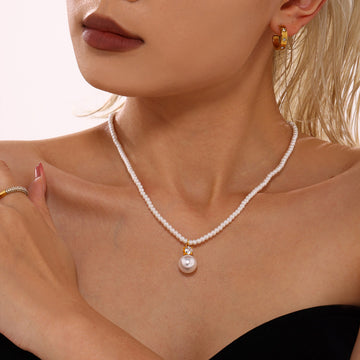 White Shell Bead Necklace Large Pearl Drop Zircon Cap