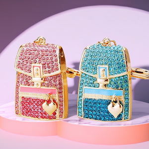 Metal Crystal Backpack Keychain with Heart Charm, Pink or Blue