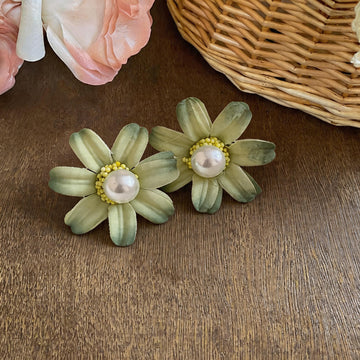 Fabric Daisy and Pearl Stud Earrings in Seven Colors