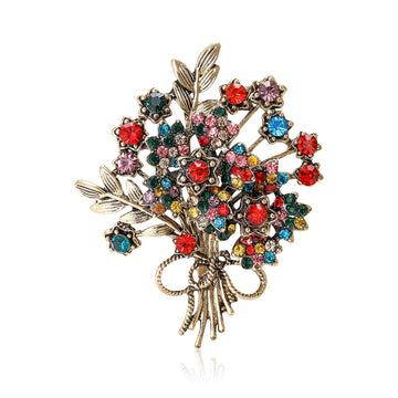 Rhinestone Flower Bouquet Brooch Silver Gold Multicolor
