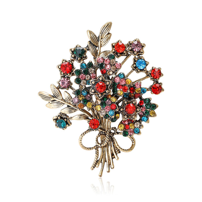 Rhinestone Flower Bouquet Brooch Silver Gold Multicolor