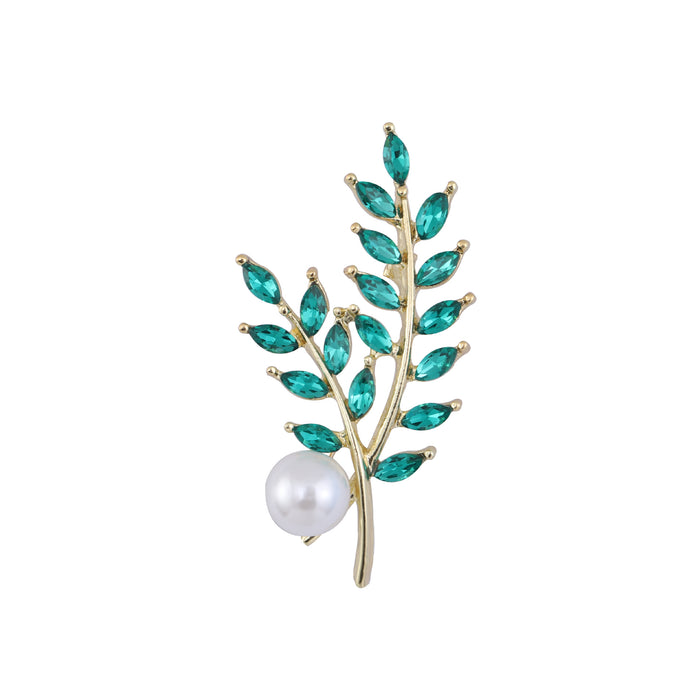 Crystal Leaf Sprig Brooch In 3 Styles With Polished Metal And Decorative Details