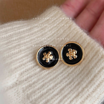 Black Enamel Round Camellia Stud Earrings Gold Rim