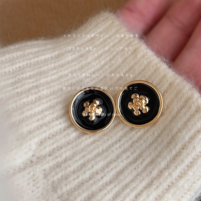 Black Enamel Round Camellia Stud Earrings Gold Rim